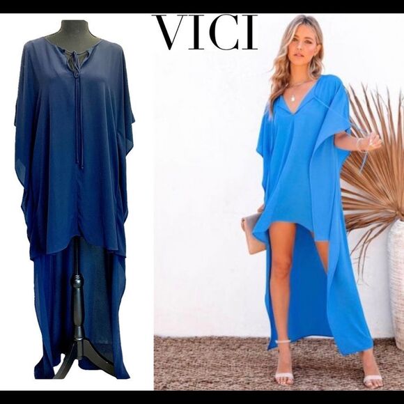 VICI high low asymmetrical short sleeve chiffon navy blue dress Sz M NWOT - Picture 1 of 13